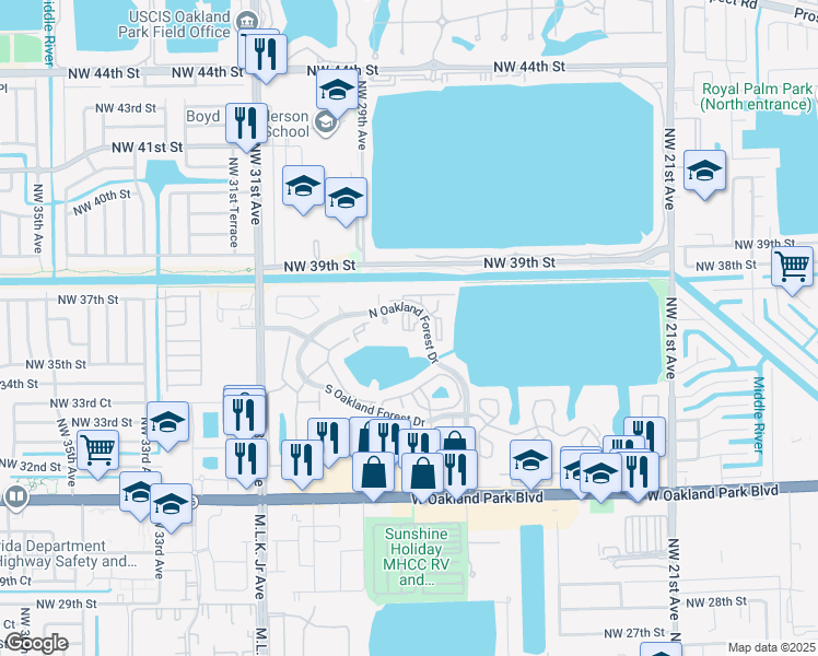 map of restaurants, bars, coffee shops, grocery stores, and more near 2890 North Oakland Forest Drive in Oakland Park