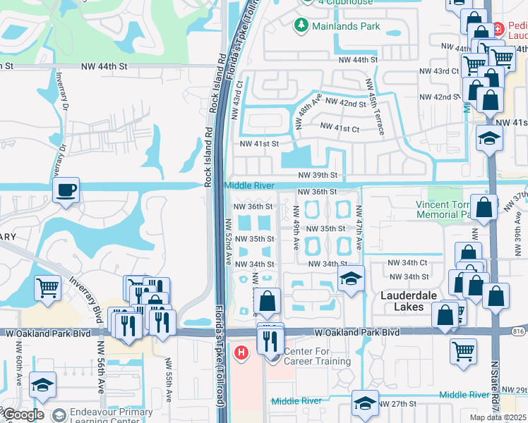 map of restaurants, bars, coffee shops, grocery stores, and more near 5025 Northwest 36th Street in Lauderdale Lakes