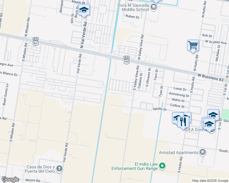 map of restaurants, bars, coffee shops, grocery stores, and more near 257 Whileaway Lane in Donna