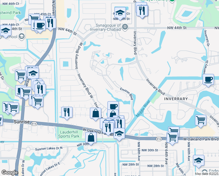 map of restaurants, bars, coffee shops, grocery stores, and more near 3671 Environ Boulevard in Lauderhill