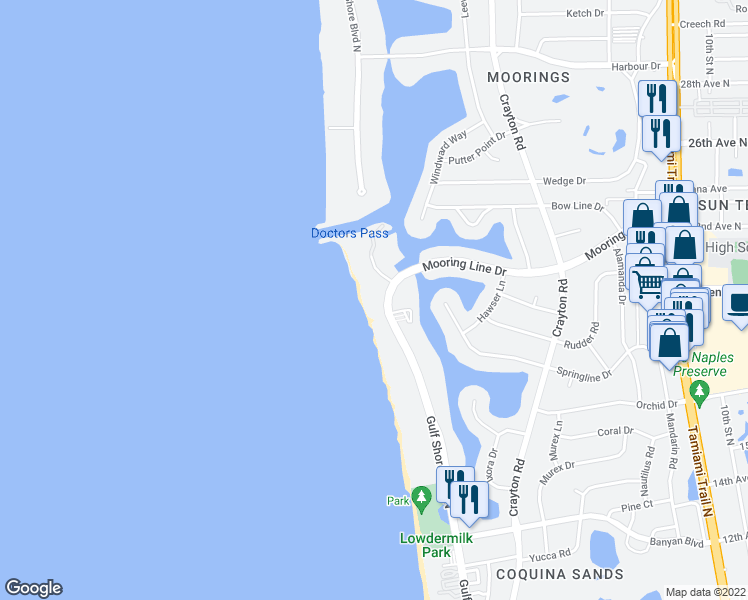 map of restaurants, bars, coffee shops, grocery stores, and more near 2151 Gulf Shore Boulevard North in Naples