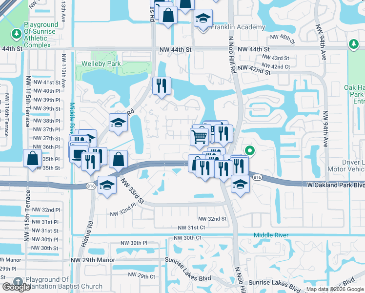 map of restaurants, bars, coffee shops, grocery stores, and more near 156 Winding Lake Road in Sunrise