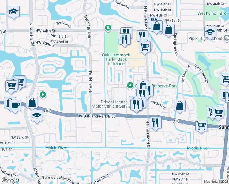 map of restaurants, bars, coffee shops, grocery stores, and more near 9148 Northwest 38th Place in Sunrise
