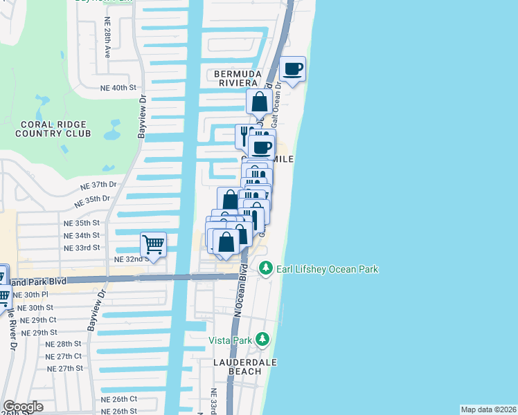 map of restaurants, bars, coffee shops, grocery stores, and more near 3532 North Ocean Boulevard in Fort Lauderdale