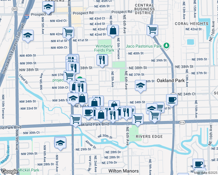 map of restaurants, bars, coffee shops, grocery stores, and more near 3572 Northeast 5th Avenue in Oakland Park