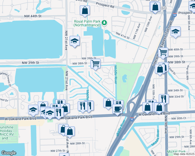 map of restaurants, bars, coffee shops, grocery stores, and more near 3665 Northwest 17th Way in Oakland Park