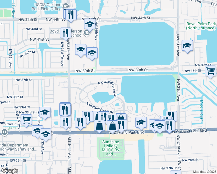 map of restaurants, bars, coffee shops, grocery stores, and more near 2890 North Oakland Forest Drive in Oakland Park