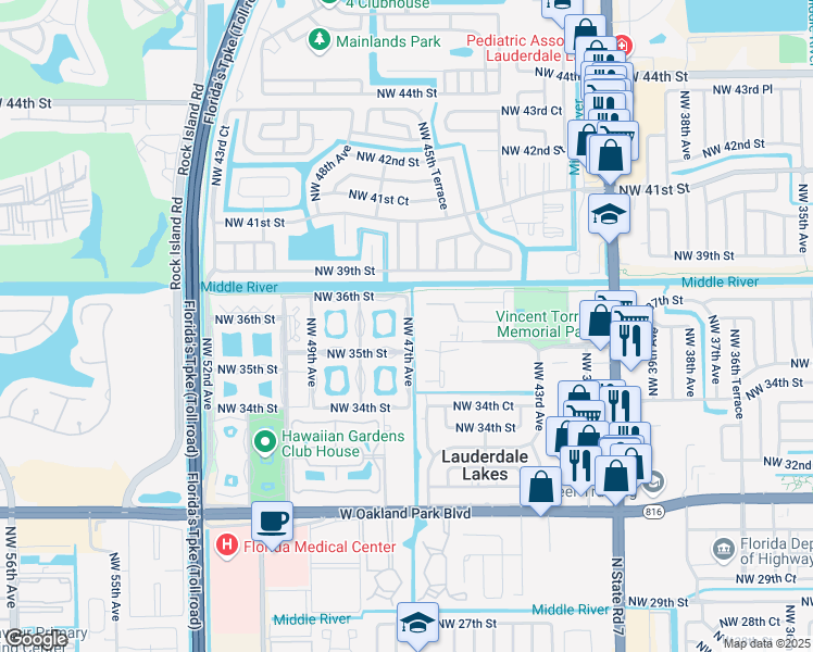 map of restaurants, bars, coffee shops, grocery stores, and more near 4546 Northwest 36th Court in Lauderdale Lakes