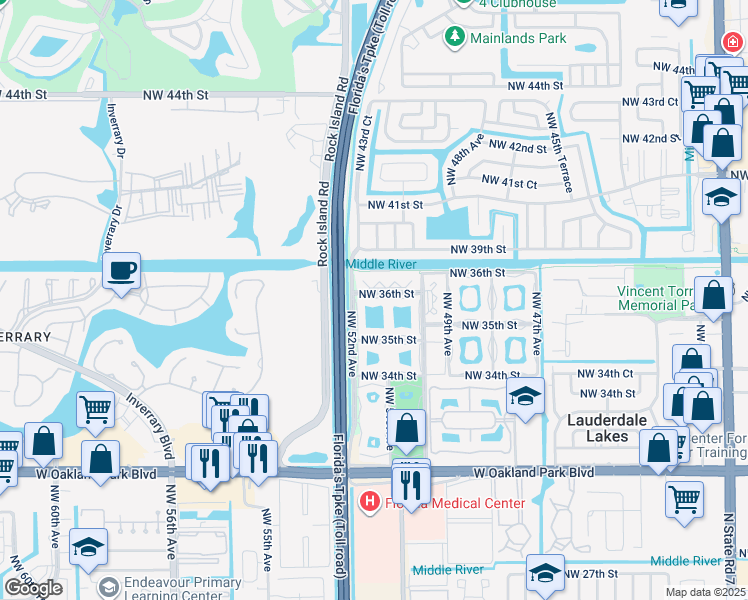 map of restaurants, bars, coffee shops, grocery stores, and more near 5075 Northwest 36th Street in Lauderdale Lakes