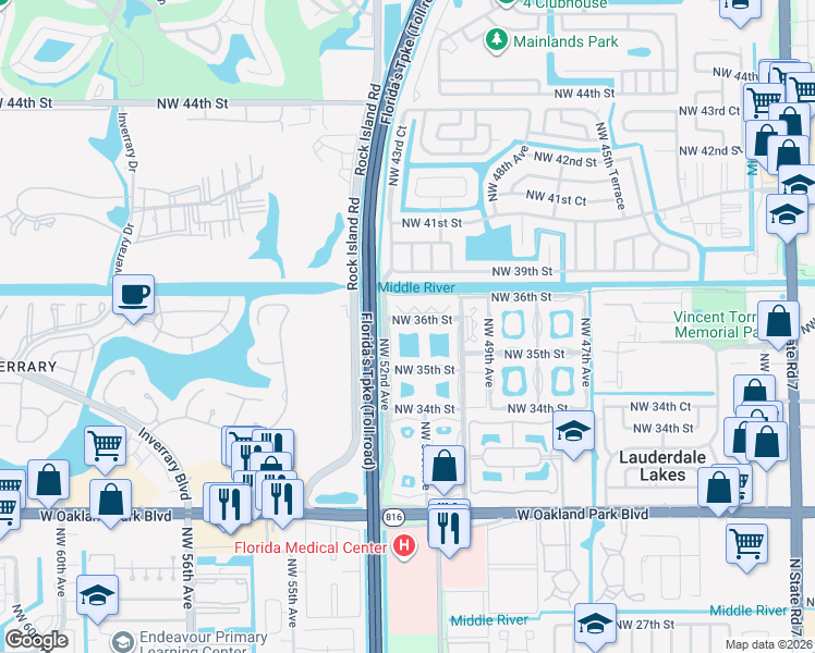 map of restaurants, bars, coffee shops, grocery stores, and more near 5075 Northwest 36th Street in Lauderdale Lakes