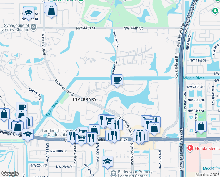 map of restaurants, bars, coffee shops, grocery stores, and more near 3601 Inverrary Drive in Lauderhill