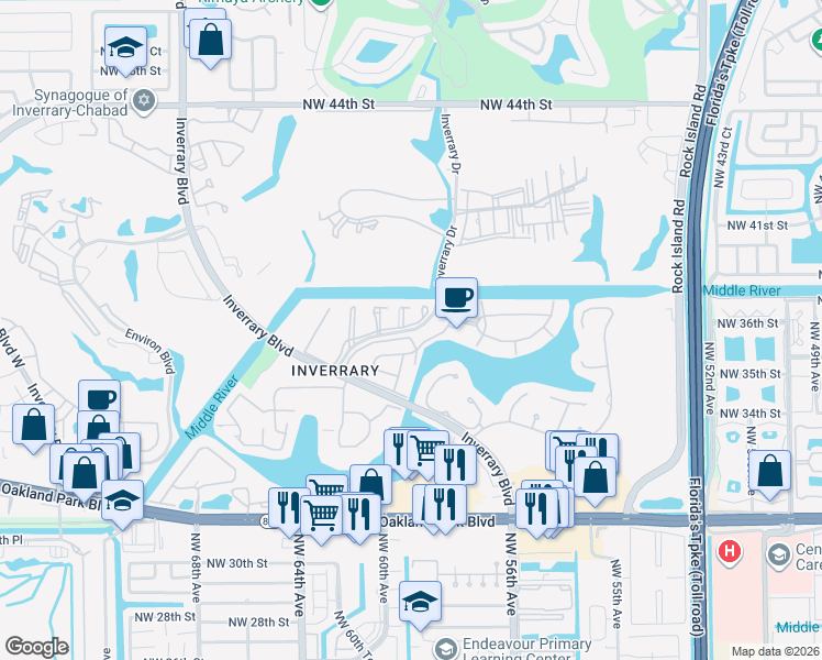 map of restaurants, bars, coffee shops, grocery stores, and more near 3601 Inverrary Drive in Lauderhill