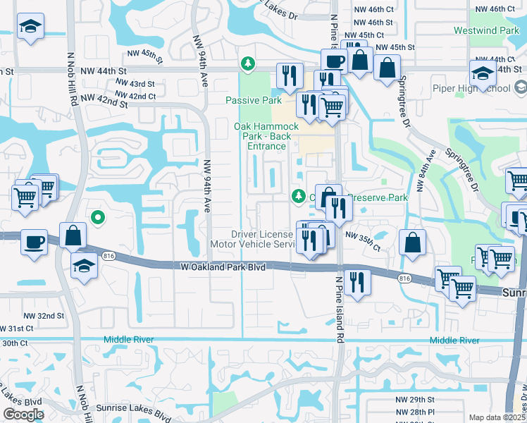 map of restaurants, bars, coffee shops, grocery stores, and more near 9148 Northwest 38th Place in Sunrise