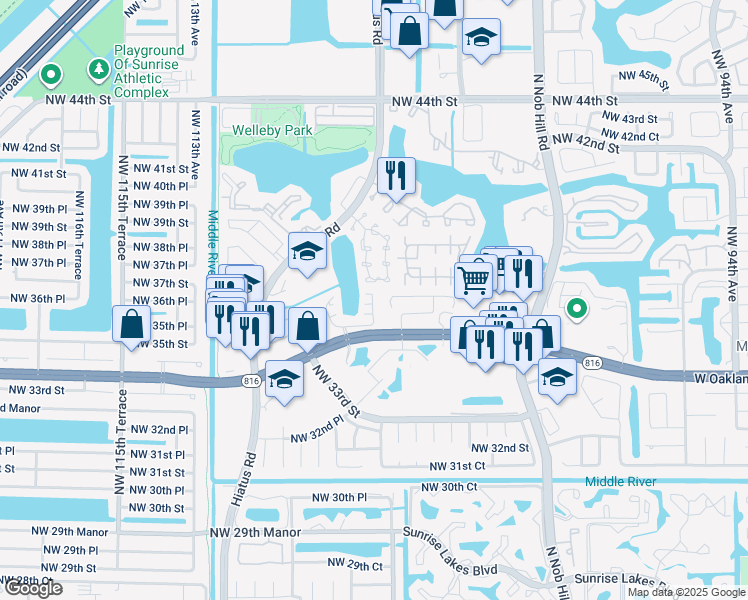 map of restaurants, bars, coffee shops, grocery stores, and more near 10716 Northwest 107th Terrace in Sunrise