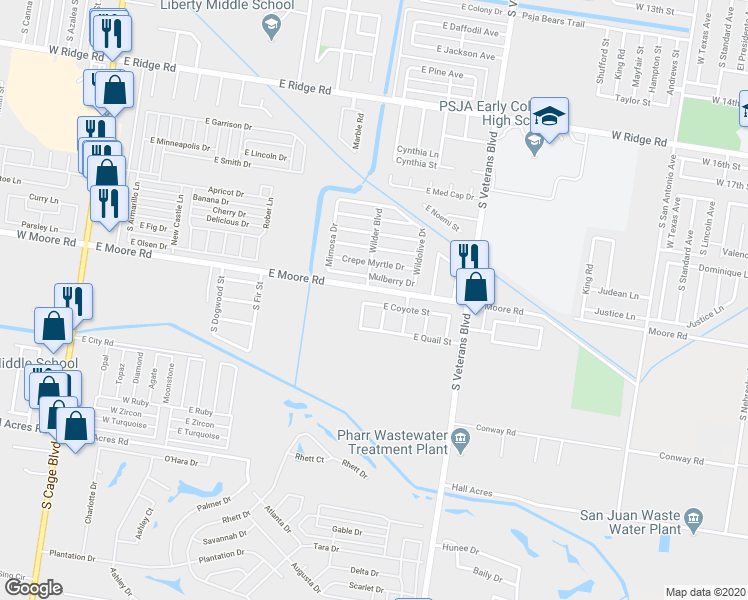 map of restaurants, bars, coffee shops, grocery stores, and more near 162 Mulberry Drive in Pharr