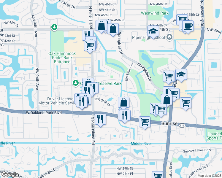 map of restaurants, bars, coffee shops, grocery stores, and more near 581 Northwest 37th Street in Sunrise