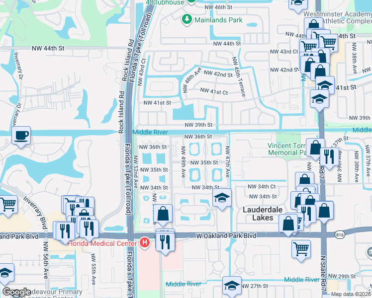 map of restaurants, bars, coffee shops, grocery stores, and more near 3506 Northwest 49th Avenue in Lauderdale Lakes