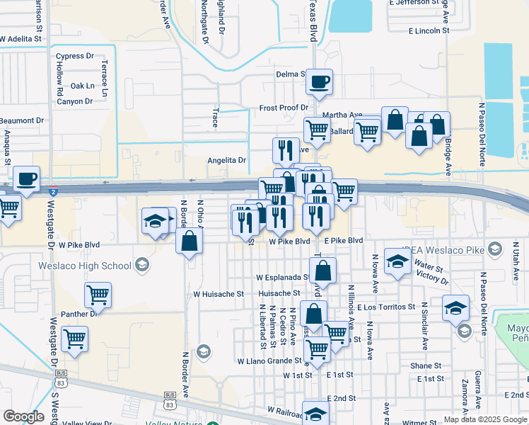 map of restaurants, bars, coffee shops, grocery stores, and more near 1025 Texas Boulevard North in Weslaco