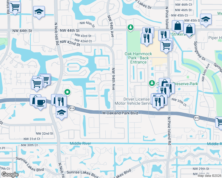 map of restaurants, bars, coffee shops, grocery stores, and more near 9381 Northwest 37th Court in Sunrise
