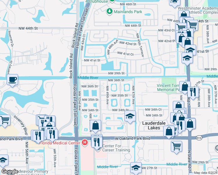 map of restaurants, bars, coffee shops, grocery stores, and more near 3540 Northwest 50th Avenue in Lauderdale Lakes