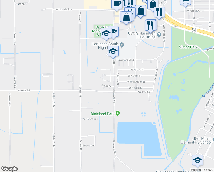 map of restaurants, bars, coffee shops, grocery stores, and more near 2414 Topaz Drive in Harlingen