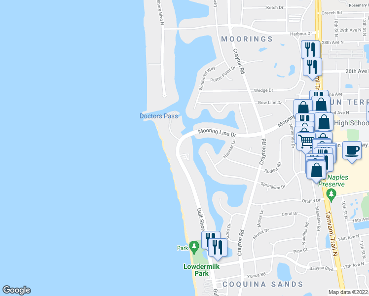 map of restaurants, bars, coffee shops, grocery stores, and more near 2150 Gulf Shore Boulevard North in Naples
