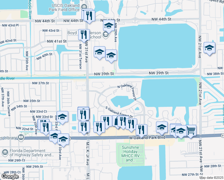 map of restaurants, bars, coffee shops, grocery stores, and more near 2890 North Oakland Forest Drive in Oakland Park