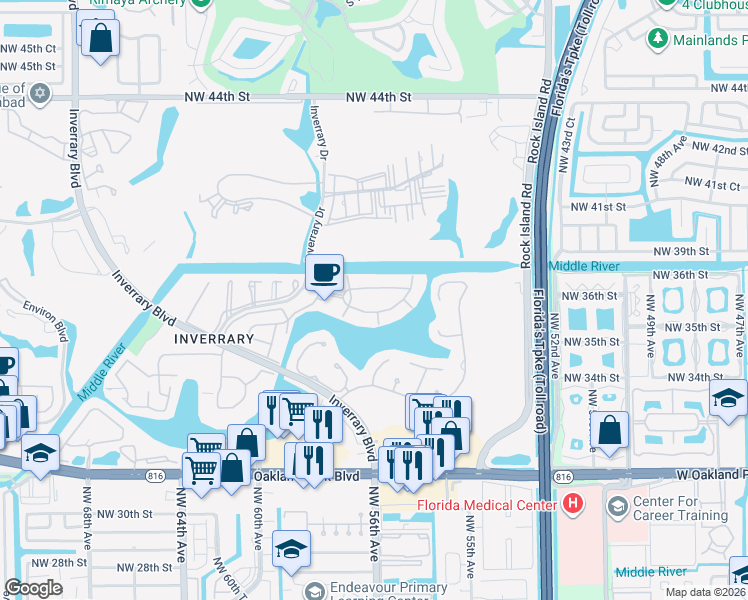 map of restaurants, bars, coffee shops, grocery stores, and more near 3750 Inverrary Drive in Lauderhill