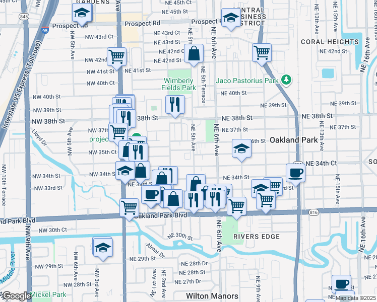 map of restaurants, bars, coffee shops, grocery stores, and more near 3572 Northeast 5th Avenue in Oakland Park