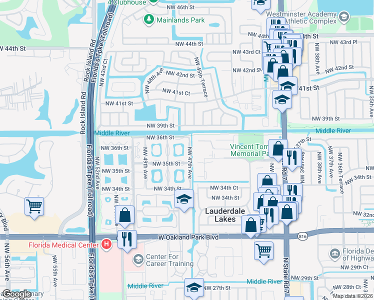 map of restaurants, bars, coffee shops, grocery stores, and more near 4546 Northwest 36th Court in Lauderdale Lakes