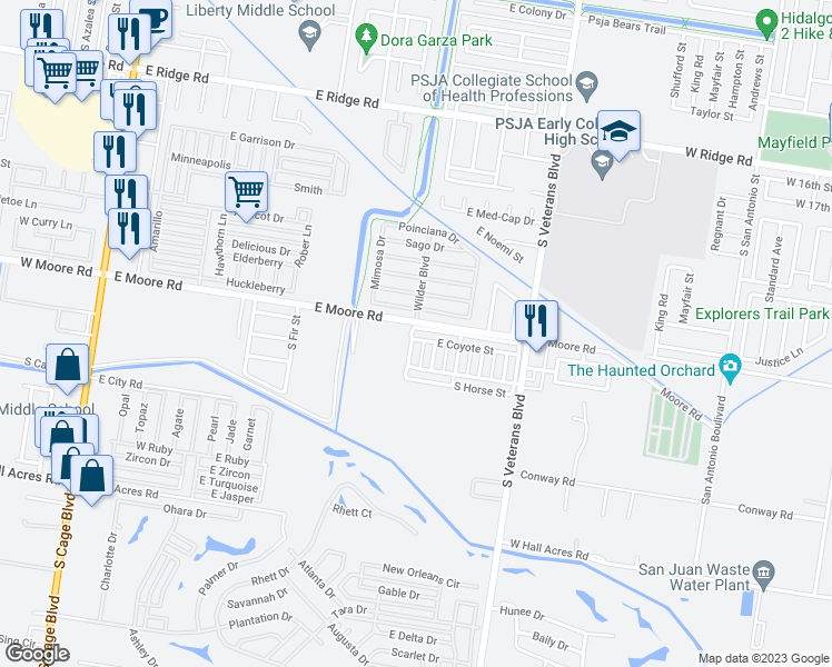 map of restaurants, bars, coffee shops, grocery stores, and more near 1301 East Coyote Street in Pharr