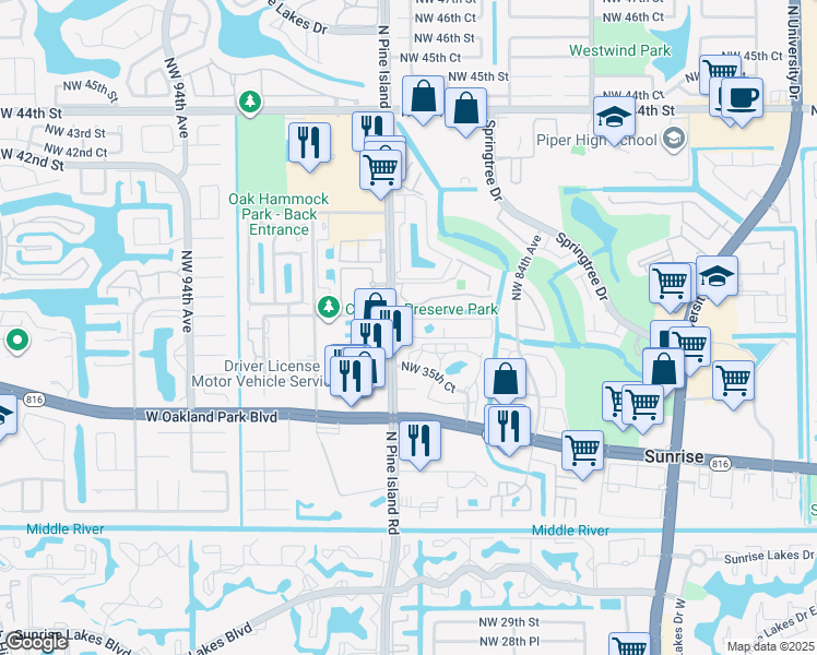 map of restaurants, bars, coffee shops, grocery stores, and more near 3700 North Pine Island Road in Sunrise