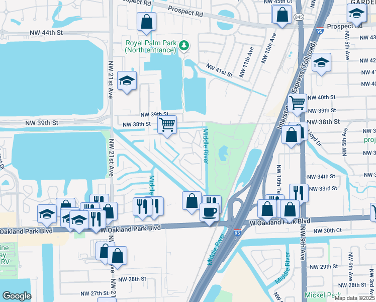 map of restaurants, bars, coffee shops, grocery stores, and more near 117 Royal Park Drive in Oakland Park