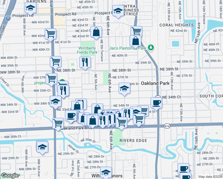 map of restaurants, bars, coffee shops, grocery stores, and more near 580 Northeast 36th Street in Oakland Park