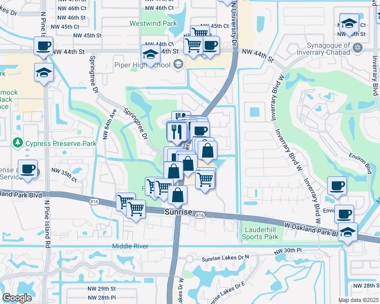 map of restaurants, bars, coffee shops, grocery stores, and more near 3802 North University Drive in Sunrise
