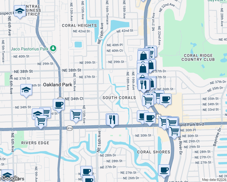 map of restaurants, bars, coffee shops, grocery stores, and more near 3540 Northeast 17th Avenue in Oakland Park