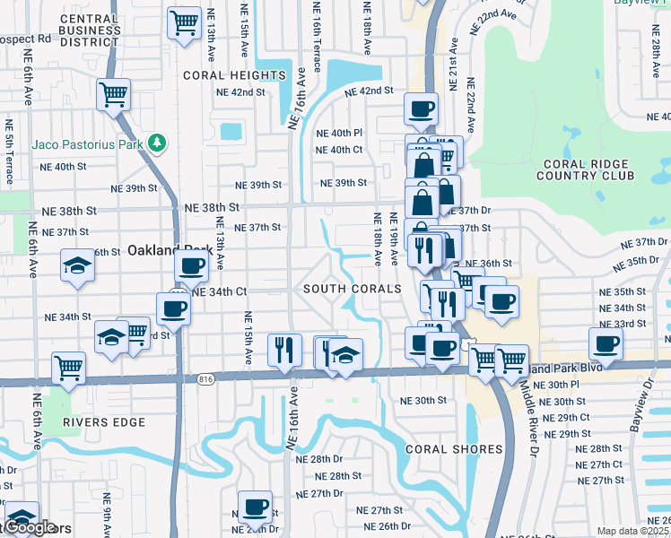 map of restaurants, bars, coffee shops, grocery stores, and more near 3540 Northeast 17th Avenue in Oakland Park