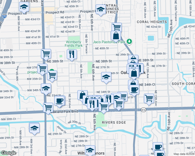 map of restaurants, bars, coffee shops, grocery stores, and more near 698 Northeast 36th Street in Oakland Park