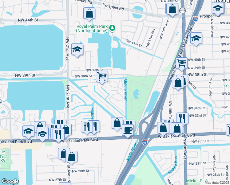 map of restaurants, bars, coffee shops, grocery stores, and more near 117 Royal Park Drive in Oakland Park
