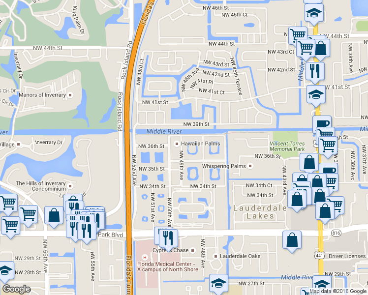 map of restaurants, bars, coffee shops, grocery stores, and more near 3540 Northwest 50th Avenue in Lauderdale Lakes