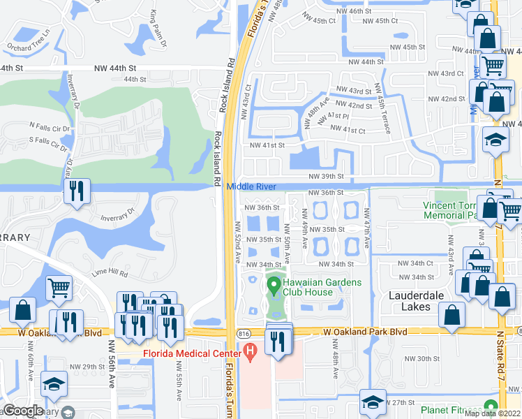 map of restaurants, bars, coffee shops, grocery stores, and more near 5075 Northwest 36th Street in Lauderdale Lakes