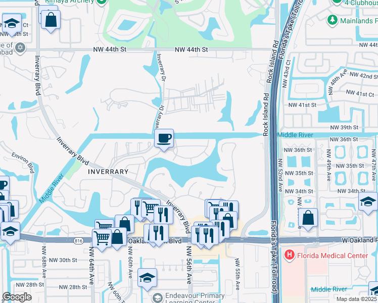 map of restaurants, bars, coffee shops, grocery stores, and more near 3750 Inverrary Drive in Lauderhill