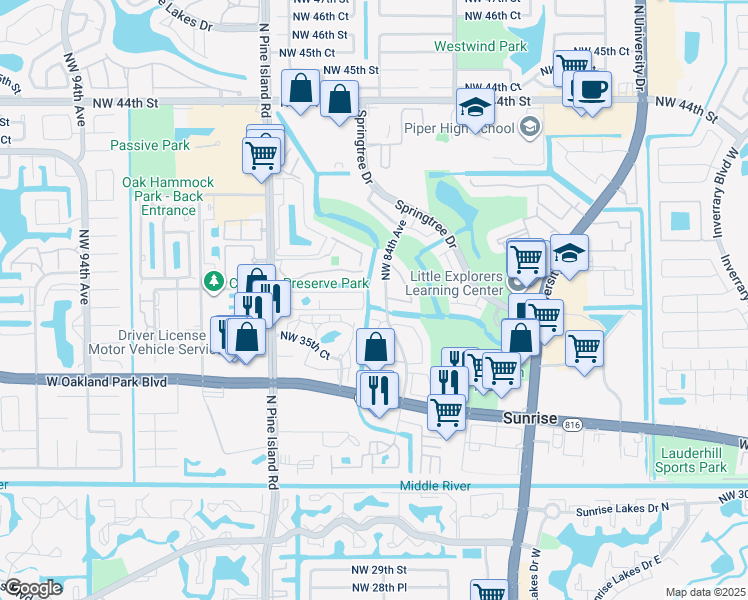 map of restaurants, bars, coffee shops, grocery stores, and more near 3811 Northwest 84th Avenue in Sunrise