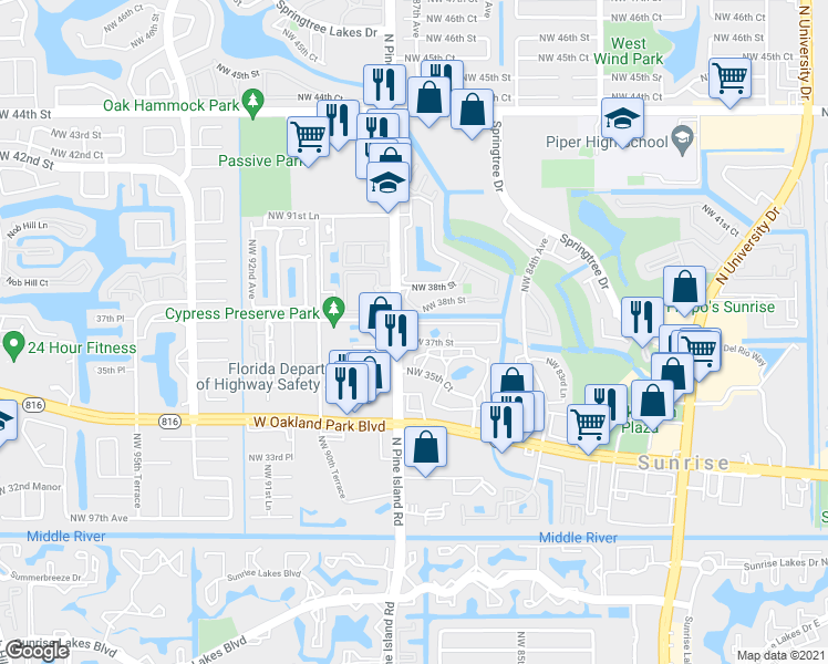 map of restaurants, bars, coffee shops, grocery stores, and more near 546 Northwest 37th Street in Sunrise