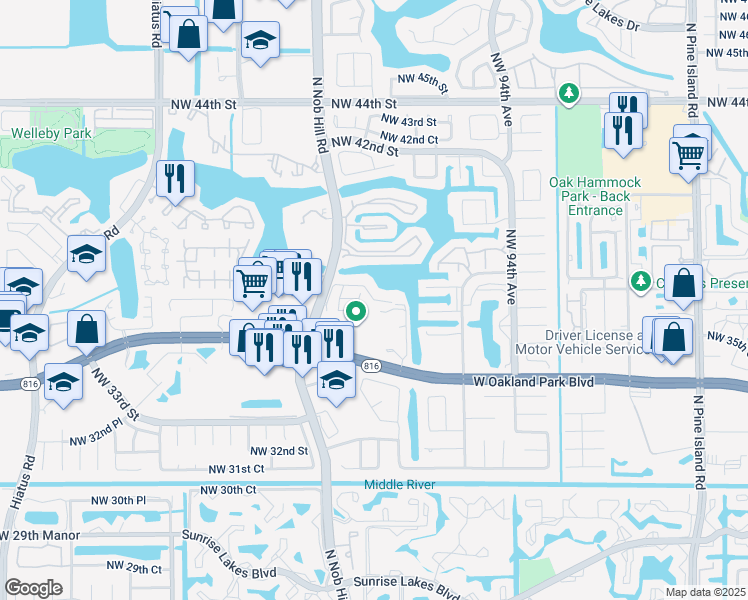 map of restaurants, bars, coffee shops, grocery stores, and more near 9749 Northwest 37th Street in Sunrise