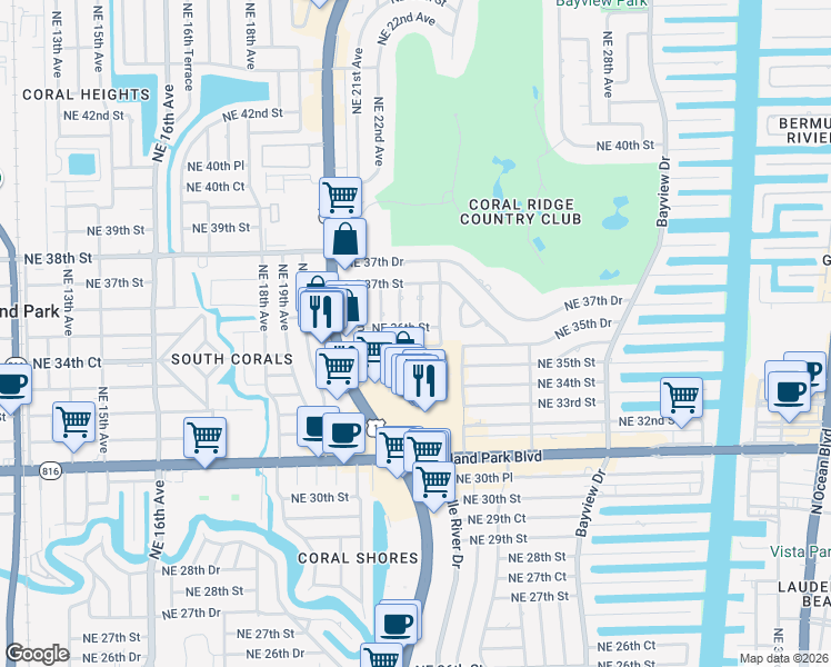 map of restaurants, bars, coffee shops, grocery stores, and more near 2460 Northeast 36th Street in Fort Lauderdale