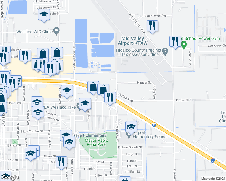 map of restaurants, bars, coffee shops, grocery stores, and more near 901 North Airport Drive in Weslaco