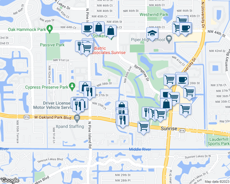 map of restaurants, bars, coffee shops, grocery stores, and more near 3730 North Pine Island Road in Sunrise