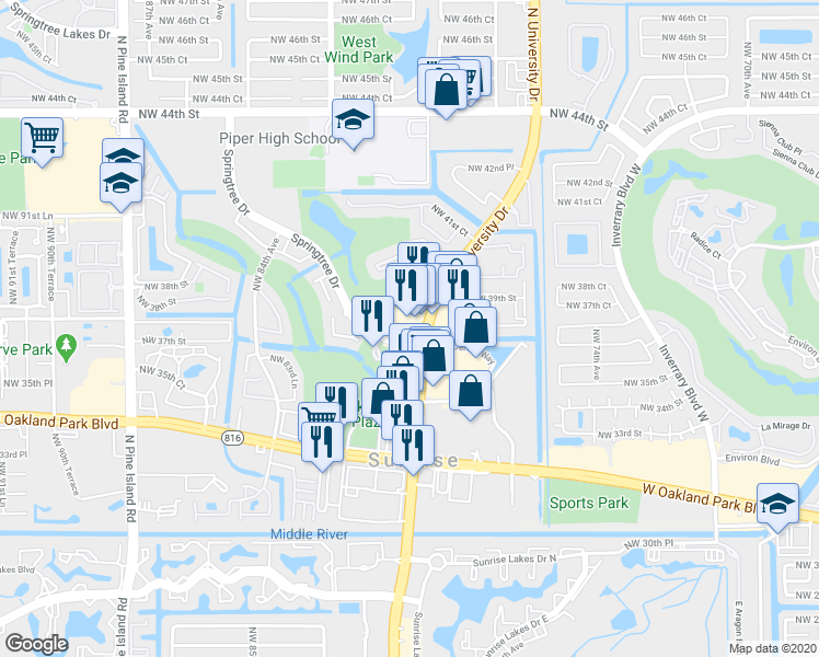 map of restaurants, bars, coffee shops, grocery stores, and more near 3802 North University Drive in Sunrise