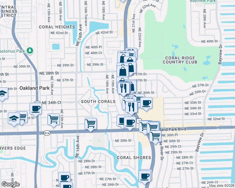 map of restaurants, bars, coffee shops, grocery stores, and more near 3497 Northeast 20th Avenue in Oakland Park